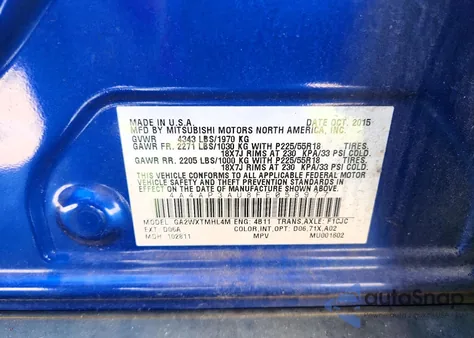 2015 Mitsubishi Outlander Sport Es z USA, uszkodzony, nr VIN 4A4AP3AU8FE058977